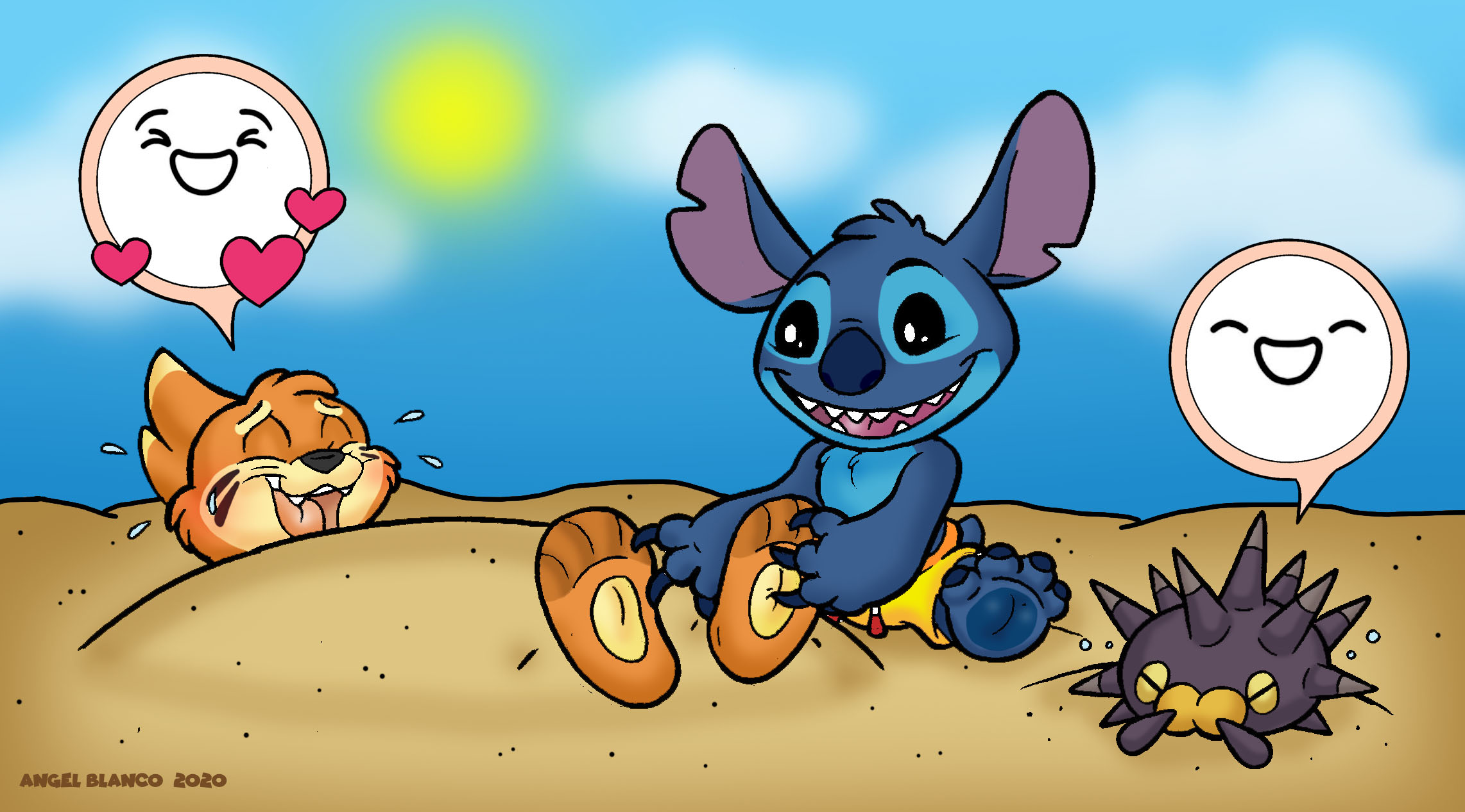 Stitch Tickles Duncan Buried in the Sand by AngelBlancoArts